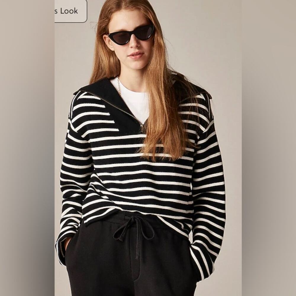 J crew heritage terry quarter zip black white striped pullover sweater womens M